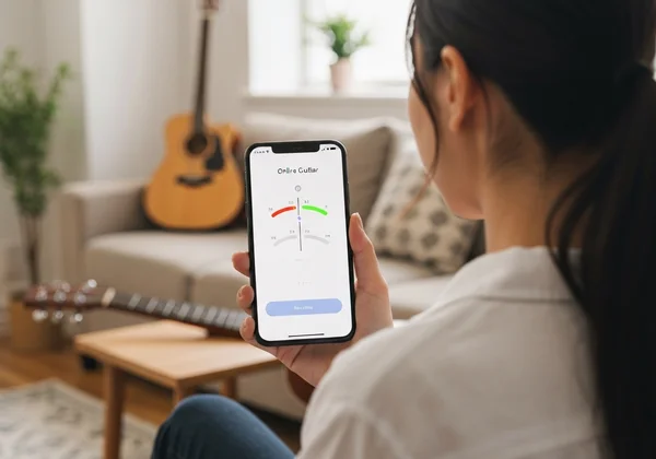 Person using an online tuner on a smartphone