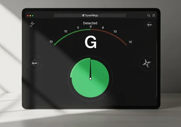 Online chromatic tuner showing a perfectly tuned 'G' note