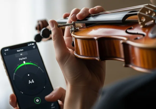 Person carefully fine-tuning violin using an online tuner