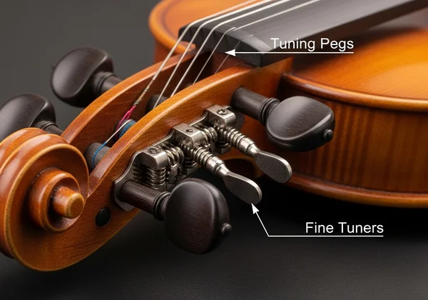 Violin tuning pegs and fine tuners close-up view