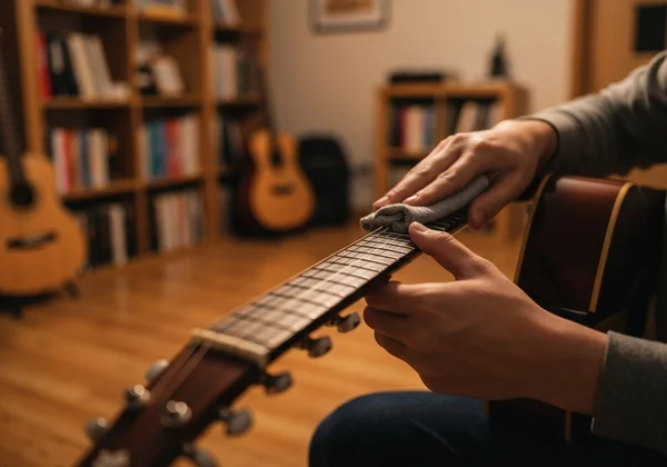 Musician performing routine maintenance on a guitar
