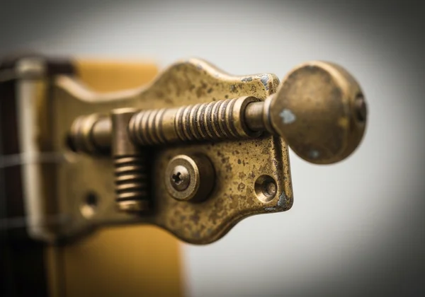 Hand tightening a guitar tuning peg with a screwdriver.