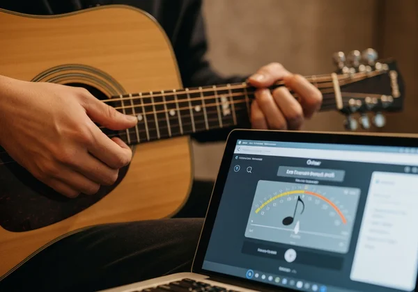 Musician tuning an acoustic guitar using an online tuner.